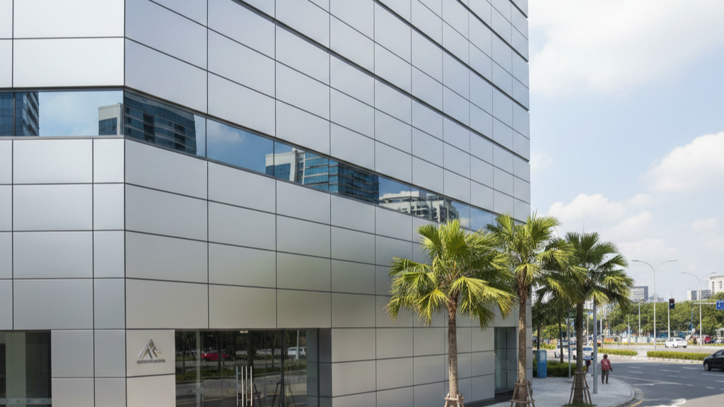 Desain fasad ACP profesional pada gedung perkantoran minimalis modern warna abu-abu.