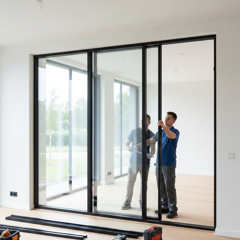 Pintu aluminium custom modern dengan desain minimalis terpasang rapi pada bangunan rumah dan ruko.