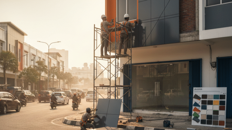 Pemasangan ACP modern pada fasad ruko di Bekasi dengan warna silver metalik