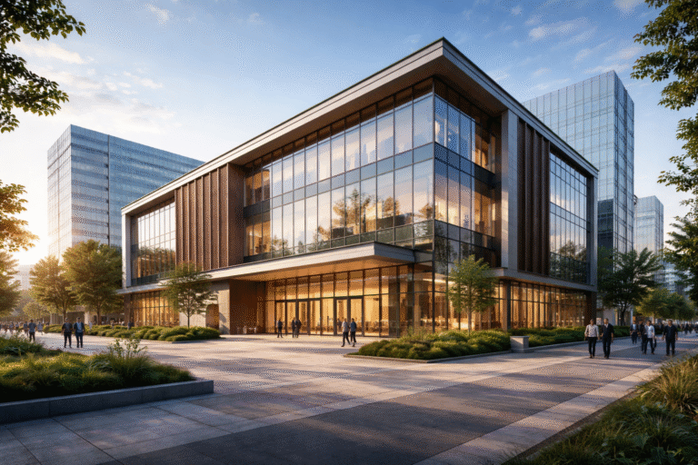 Tampilan fasad gedung perkantoran menggunakan jendela kaca tempered berkualitas di Bekasi.