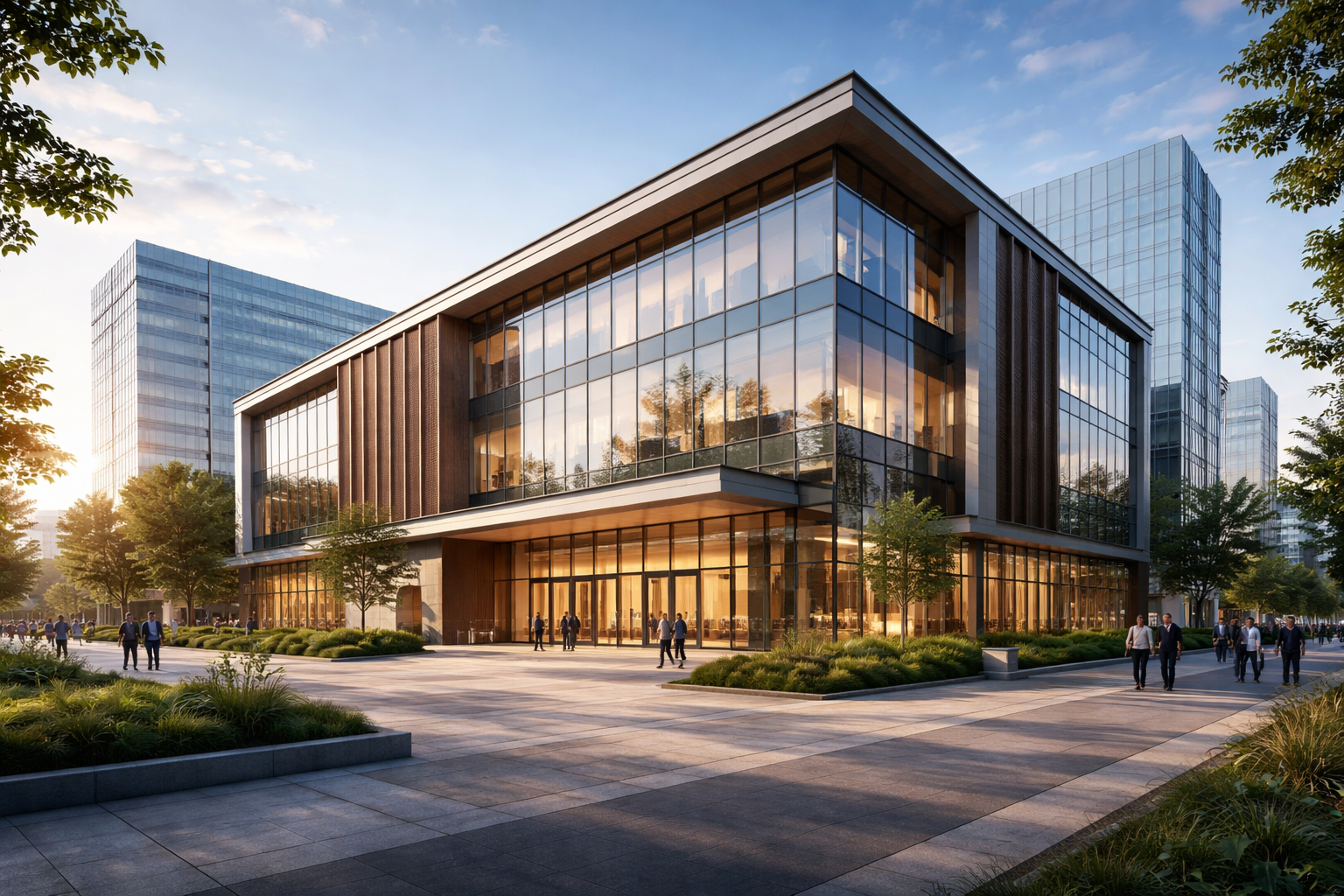 Tampilan fasad gedung perkantoran menggunakan jendela kaca tempered berkualitas di Bekasi.