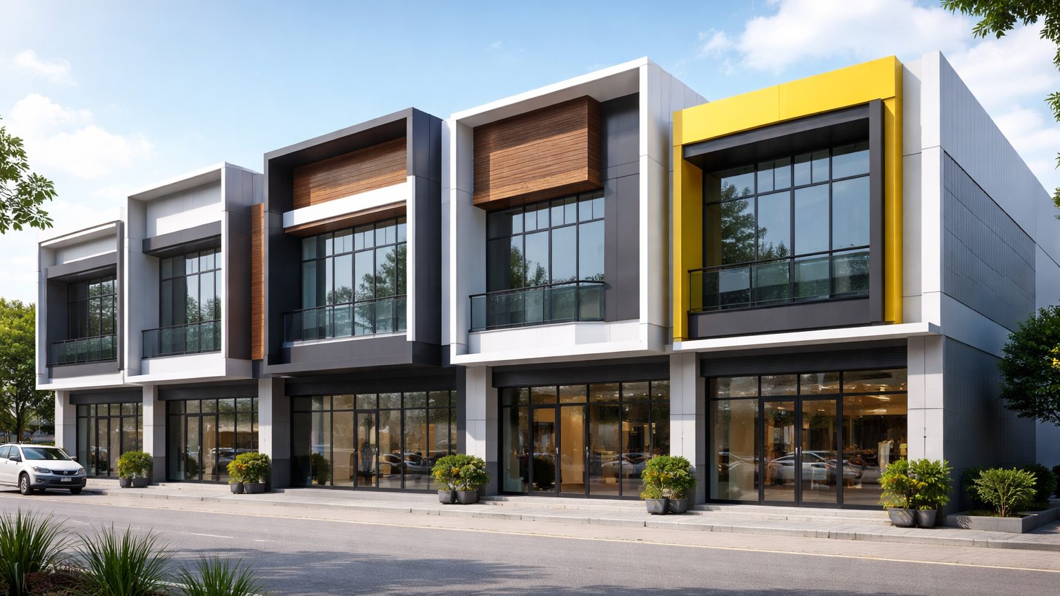 Inspirasi desain fasad ruko minimalis menggunakan material Aluminum Composite Panel warna abu-abu dan motif kayu.