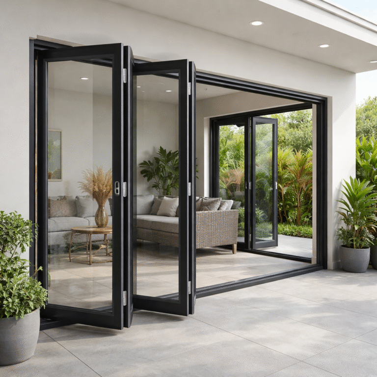 Pintu kaca lipat aluminium hitam modern yang menghubungkan ruang keluarga dengan taman belakang rumah minimalis.