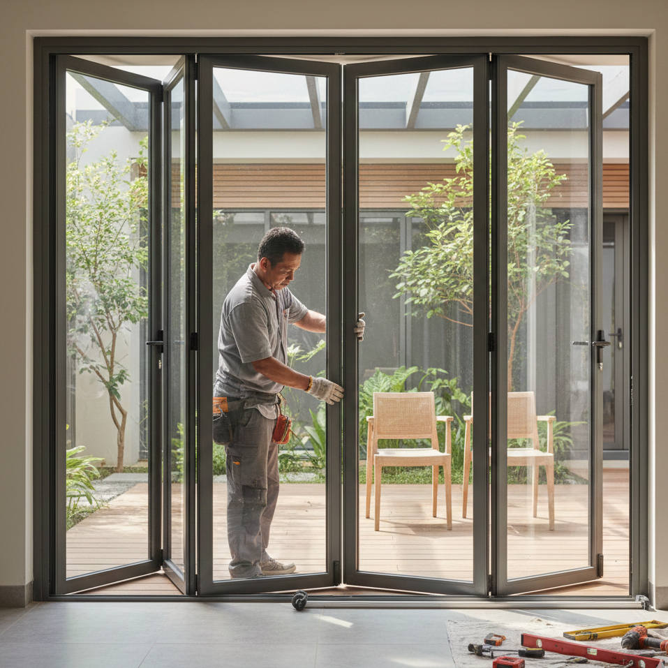 Model kusen aluminium pintu lipat minimalis warna hitam menghubungkan ruang tamu dan taman.