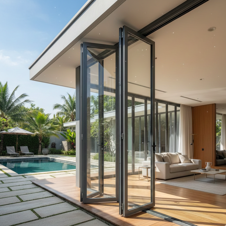 Gambar pintu lipat aluminium full terbuka menghubungkan ruang tamu modern dengan taman hijau di rumah Serang.