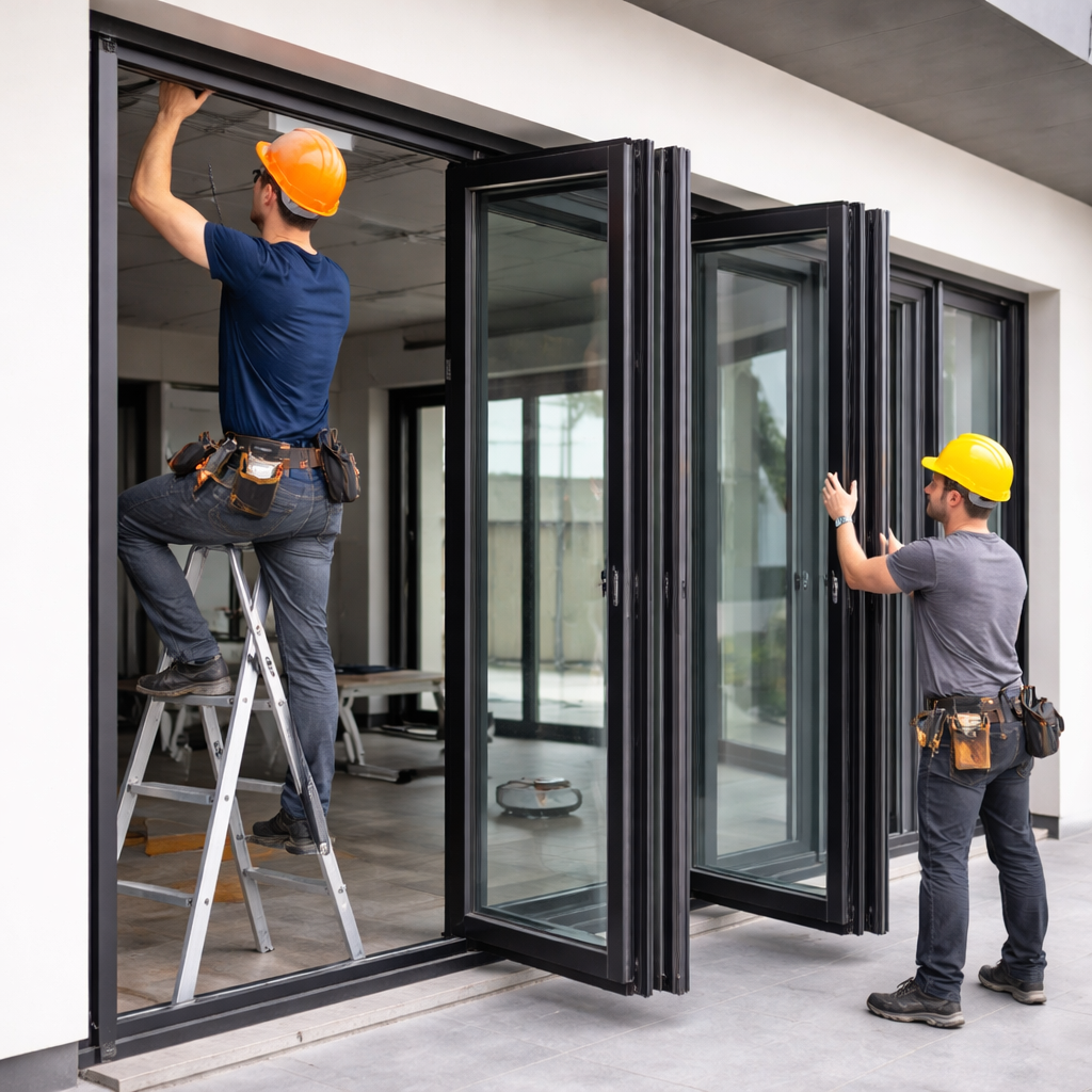 Pekerja kontraktor memasang pintu lipat aluminium pada bangunan ruko dengan hasil rapi dan presisi.