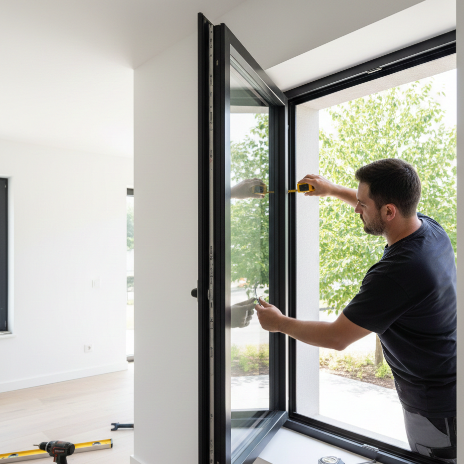 Tukang profesional sedang mengukur dan memasang bingkai jendela aluminium minimalis berwarna hitam di rumah modern