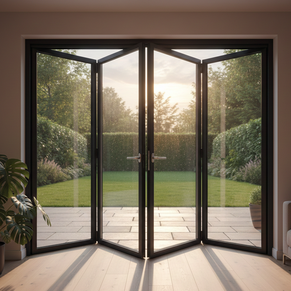 Detail frame aluminium hitam elegan dengan kaca tempered bening pada pintu utama.