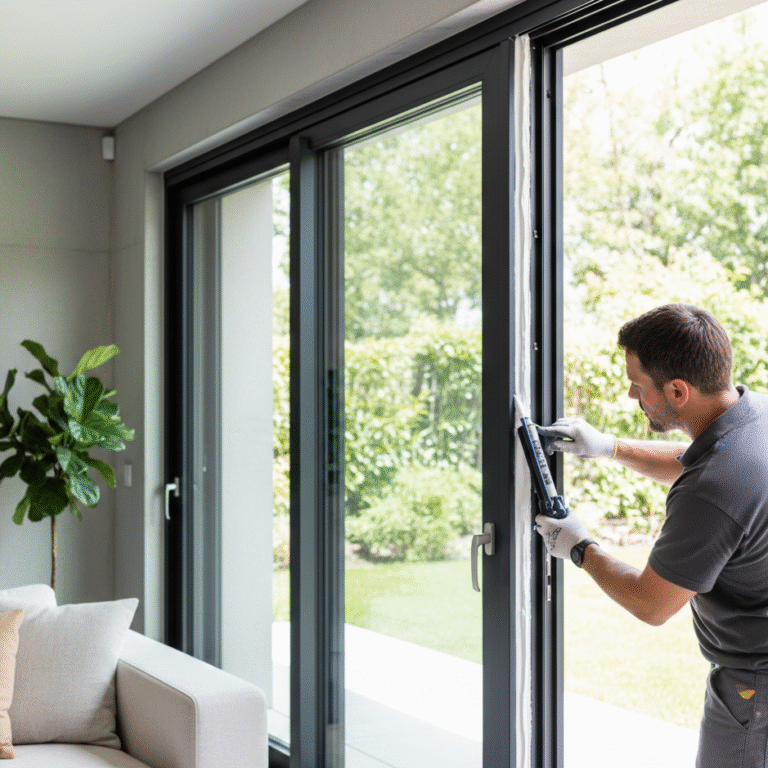 Proses pemasangan bingkai pintu kaca aluminium minimalis pada dinding rumah modern.