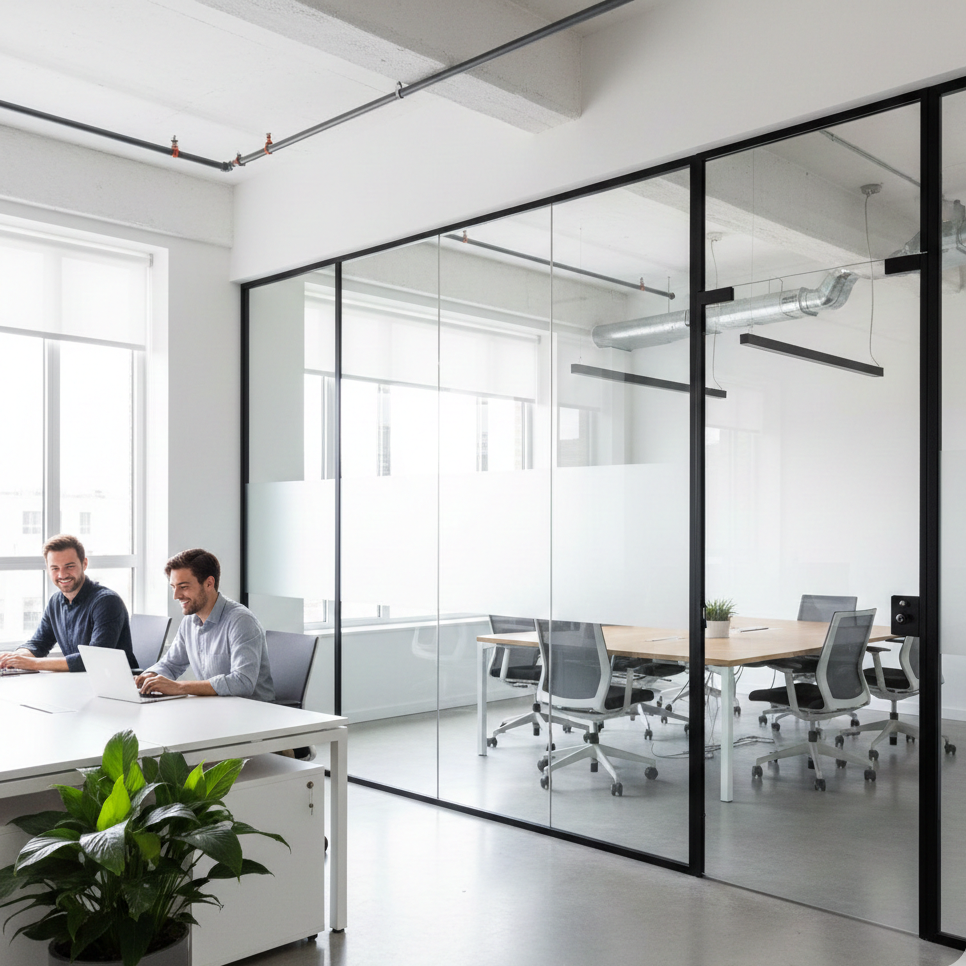 Desain interior kantor terbuka dengan partisi kaca aluminium bening yang elegan.