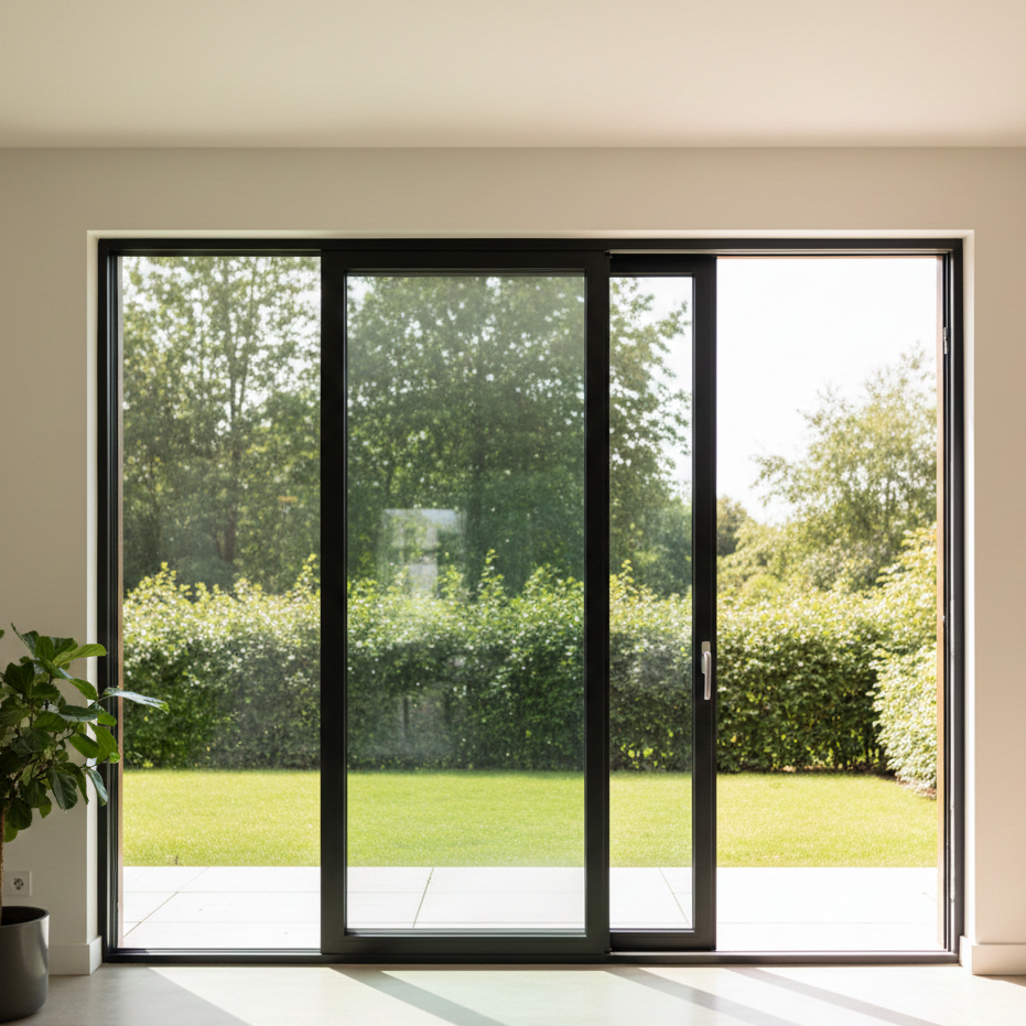 Model jendela sliding aluminium hitam minimalis untuk ruang tamu.