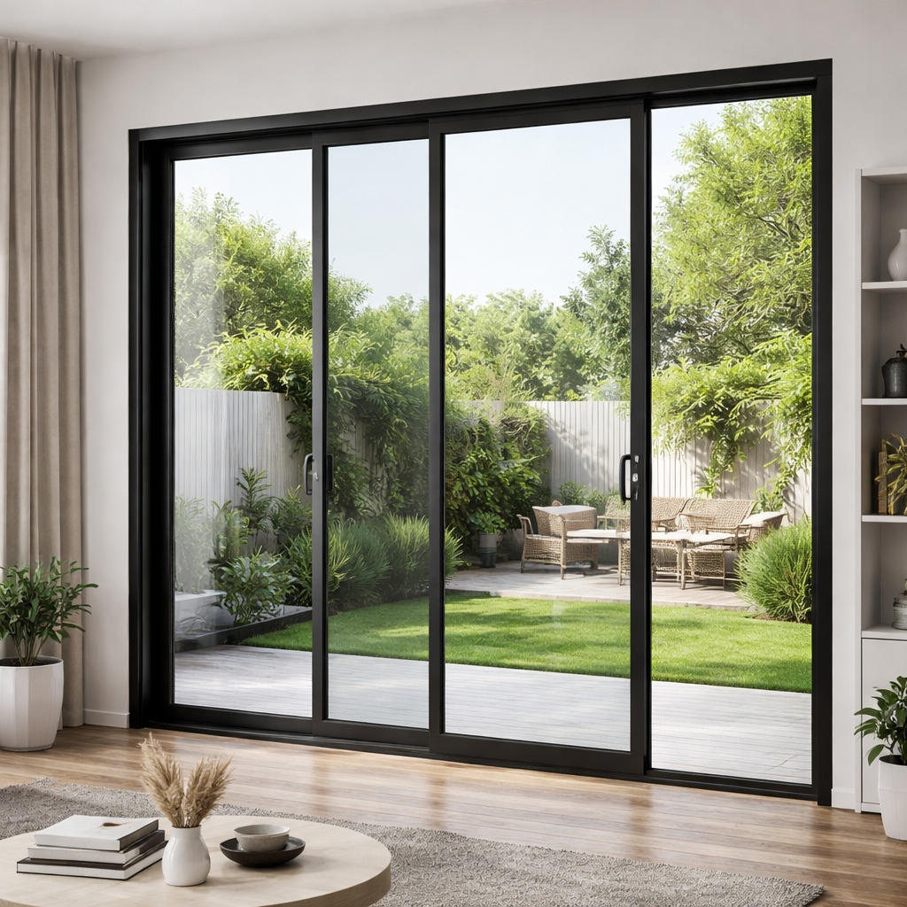 Desain jendela sliding kaca modern dengan rangka minimalis pada rumah dan bangunan komersial yang terlihat terang dan elegan.