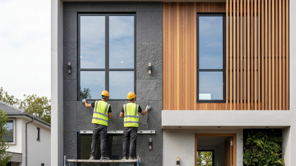 Desain fasad rumah minimalis modern dengan perpaduan batu alam dan kisi-kisi kayu estetik