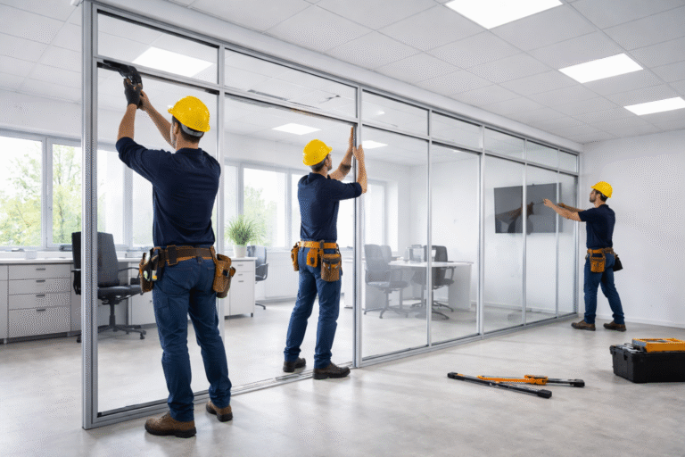 Teknisi profesional sedang memasang kaca tempered di rumah modern area Cikarang dengan hasil rapi dan presisi