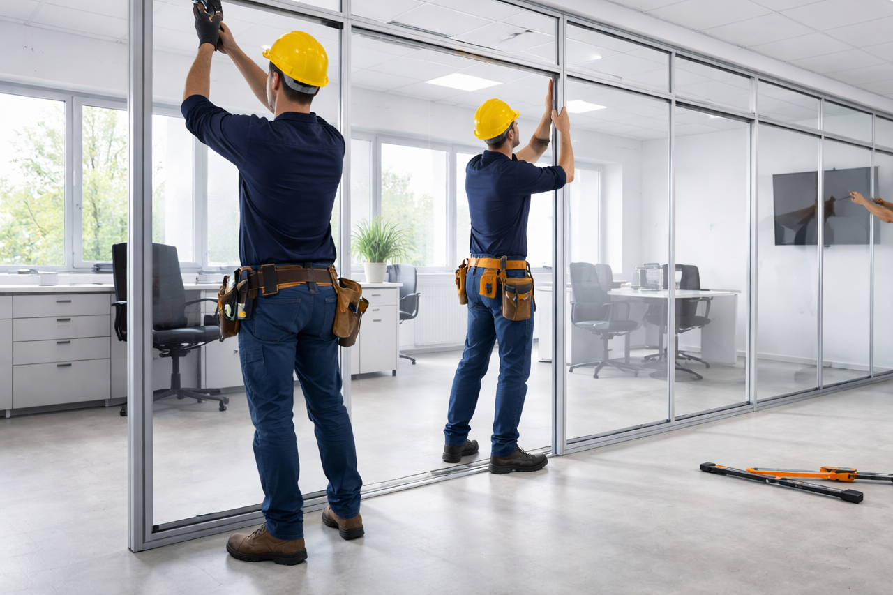 Pemasangan partisi aluminium kaca di dalam ruangan kantor modern dengan rangka aluminium rapi dan pencahayaan alami.