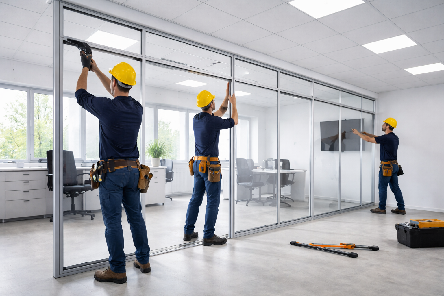 Teknisi profesional sedang memasang kaca tempered di rumah modern area Cikarang dengan hasil rapi dan presisi