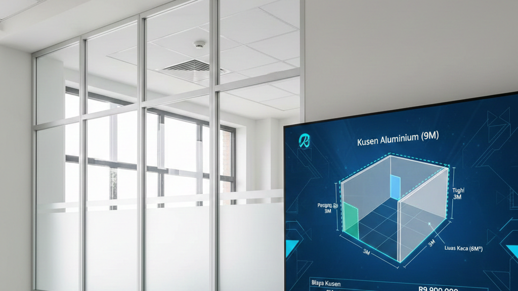 Ilustrasi partisi aluminium minimalis dengan kaca polos untuk sekat ruangan kantor modern dan elegan yang hemat biaya.