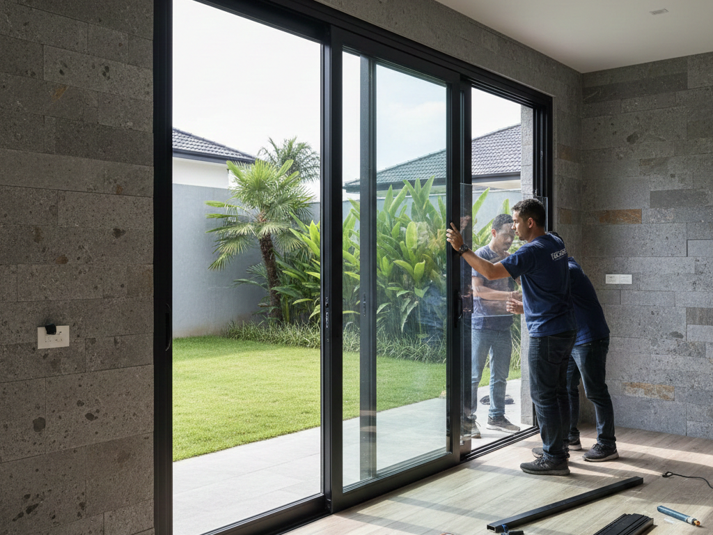 Pemasangan pintu kaca aluminium minimalis warna hitam oleh tukang ahli profesional di lokasi proyek pelanggan terdekat.