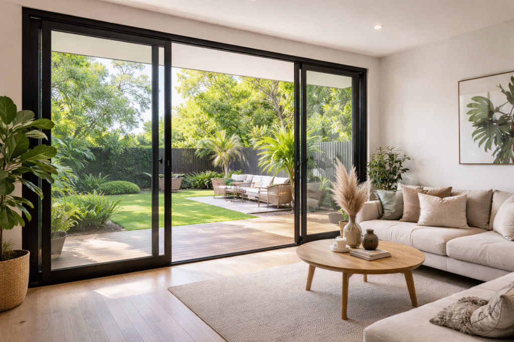 Pintu kaca sliding modern terpasang rapi pada rumah minimalis dengan pencahayaan alami dan desain elegan.