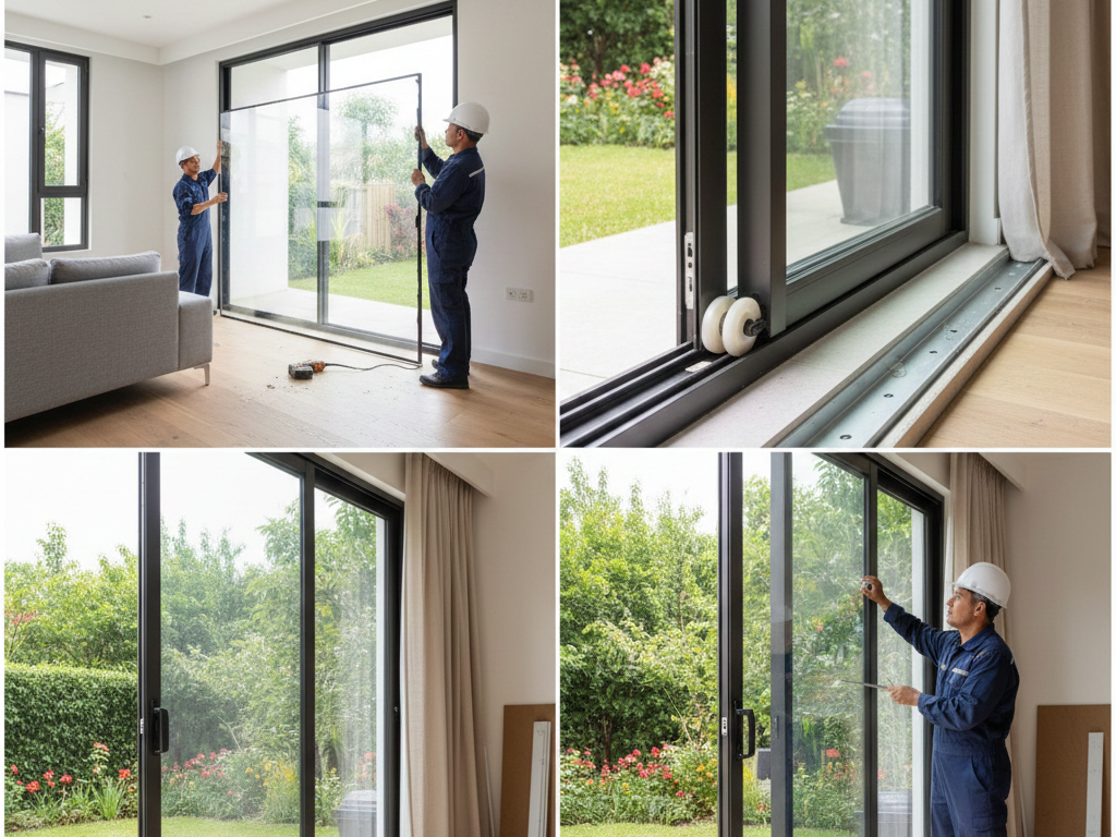 Pemasangan jendela kaca sliding aluminium minimalis warna hitam di ruang tamu.