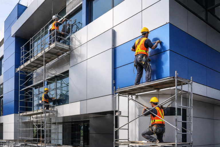 Pengerjaan pasang ACP kantor Cibarusah dengan hasil rapi dan menggunakan material aluminium composite panel berkualitas tinggi.