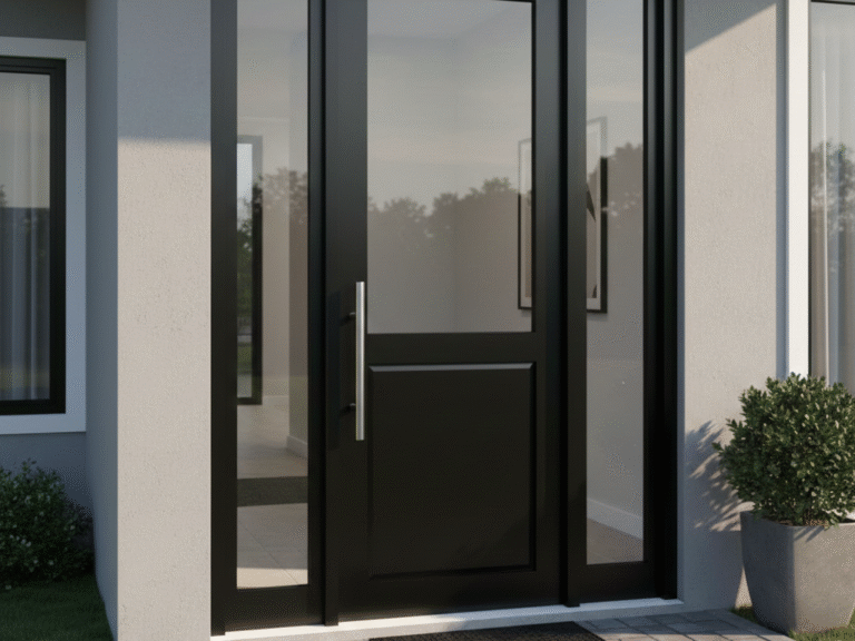 Pemasangan pintu aluminium minimalis warna hitam di perumahan Bekasi.