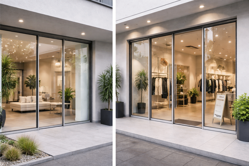 Pintu kaca modern dengan desain minimalis terpasang rapi pada bangunan rumah dan toko