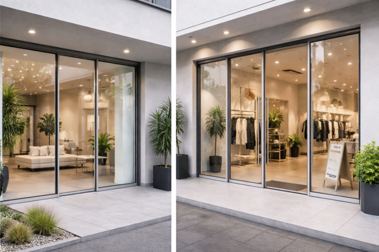 Model pintu aluminium minimalis modern warna hitam dengan kaca bening untuk pintu utama rumah.