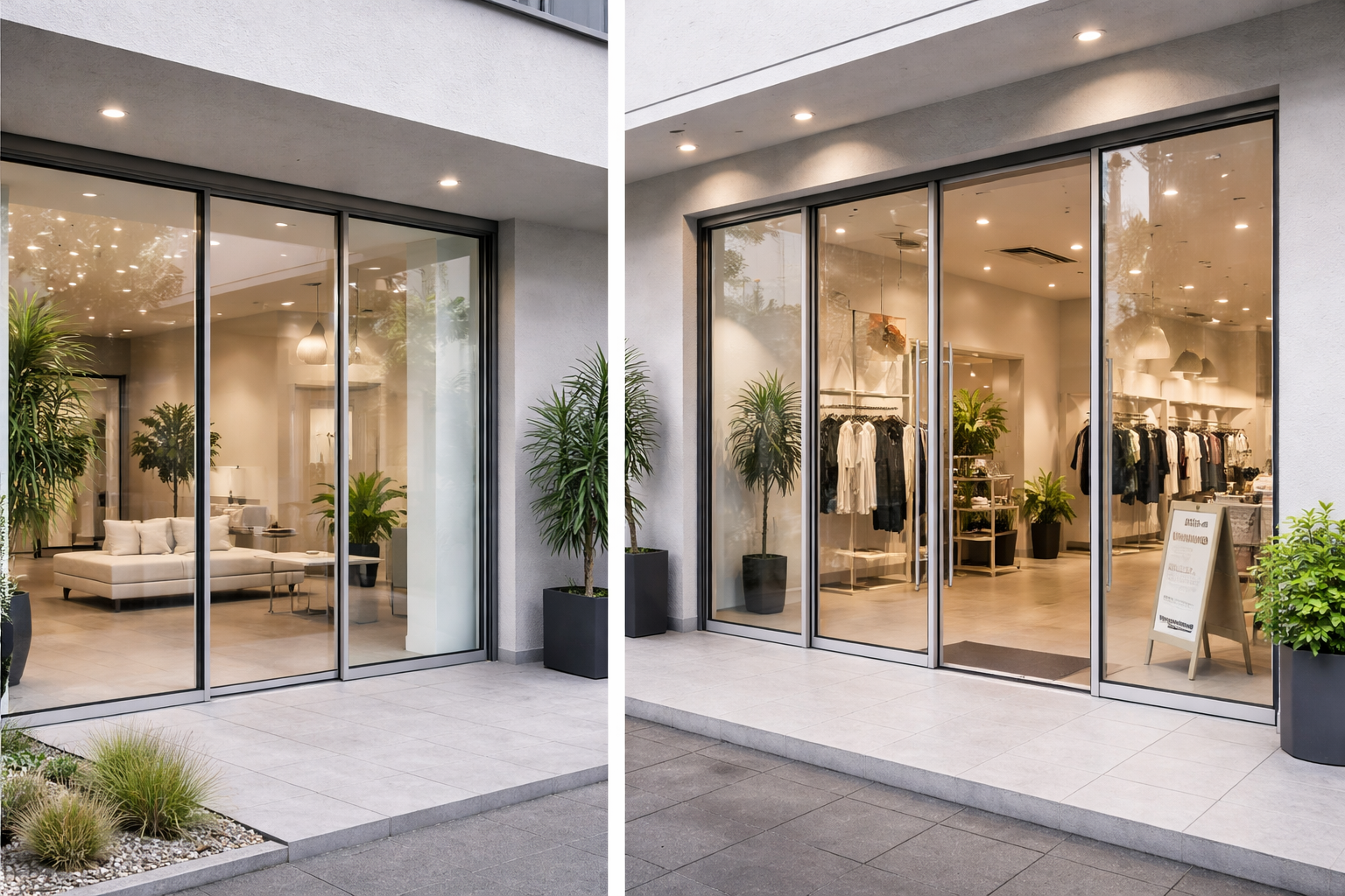 Model pintu aluminium minimalis modern warna hitam dengan kaca bening untuk pintu utama rumah.