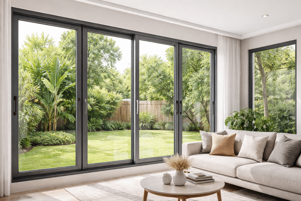 Jendela aluminium modern dengan desain minimalis terpasang rapi pada rumah tinggal yang terlihat terang dan elegan.