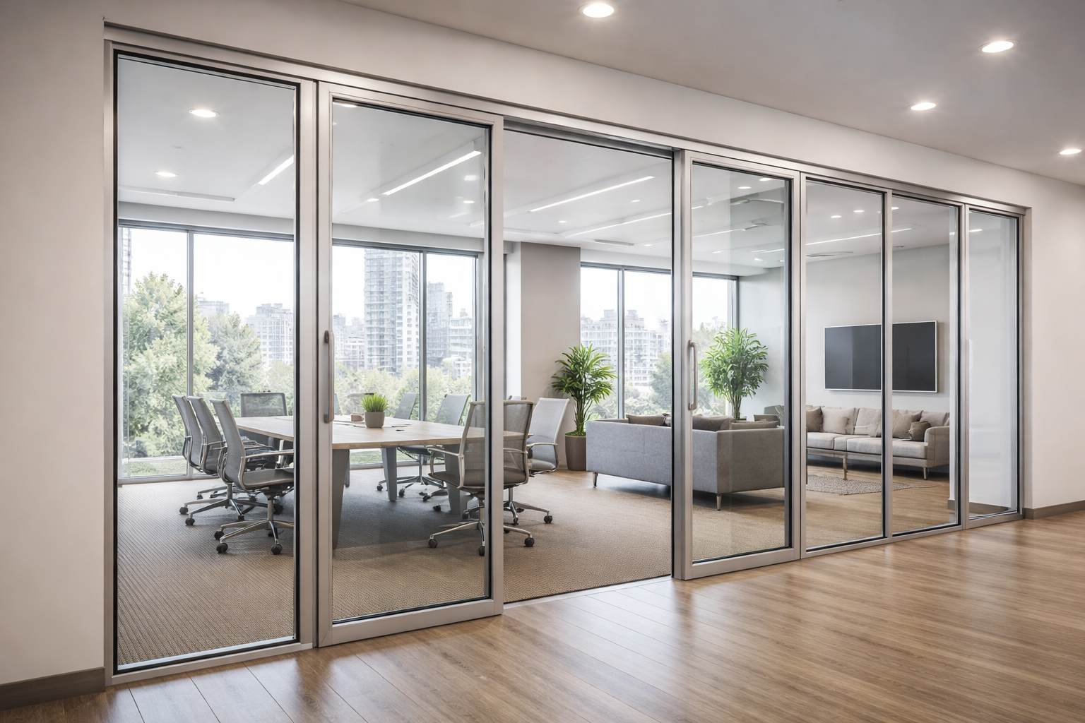 Pemasangan pintu partisi aluminium oleh teknisi profesional di dalam ruangan kantor modern dengan hasil rapi dan kokoh