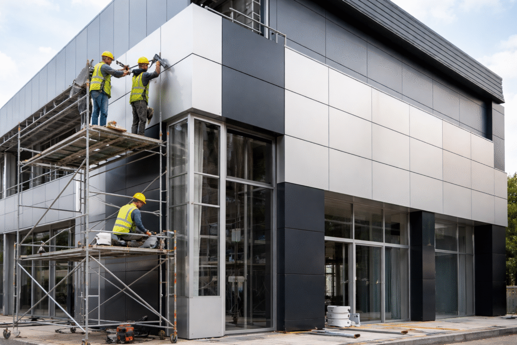 Pemasangan ACP pada fasad bangunan menggunakan jasa pasang ACP murah dengan hasil rapi dan tampilan modern.