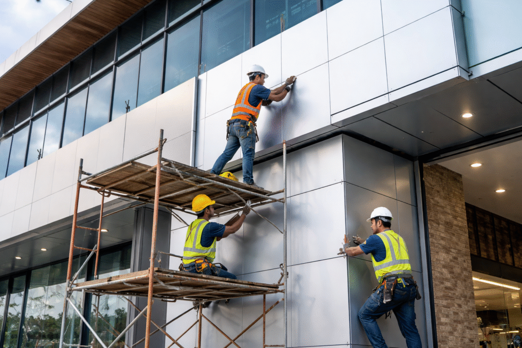 Pemasangan ACP oleh kontraktor profesional untuk fasad bangunan modern dan rapi.