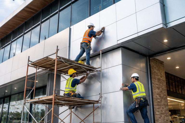 Pemasangan panel aluminium composite pada dinding gedung kantor modern menggunakan jasa pasang ACP kantor profesional berpengalaman.
