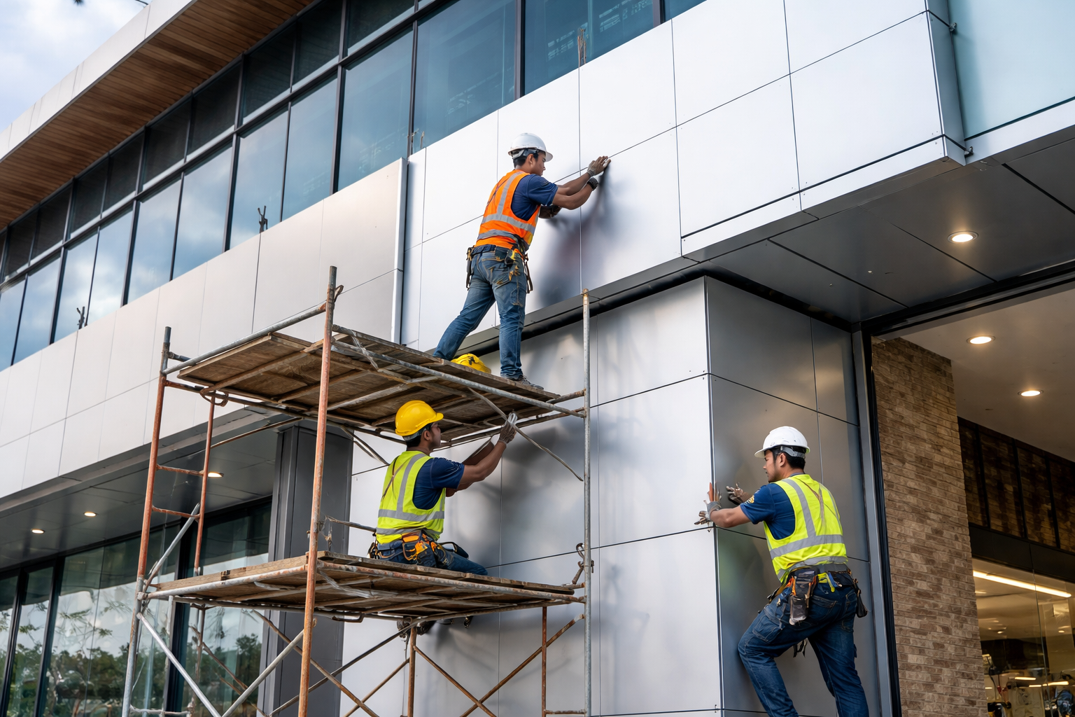 Pemasangan panel aluminium composite pada dinding gedung kantor modern menggunakan jasa pasang ACP kantor profesional berpengalaman.