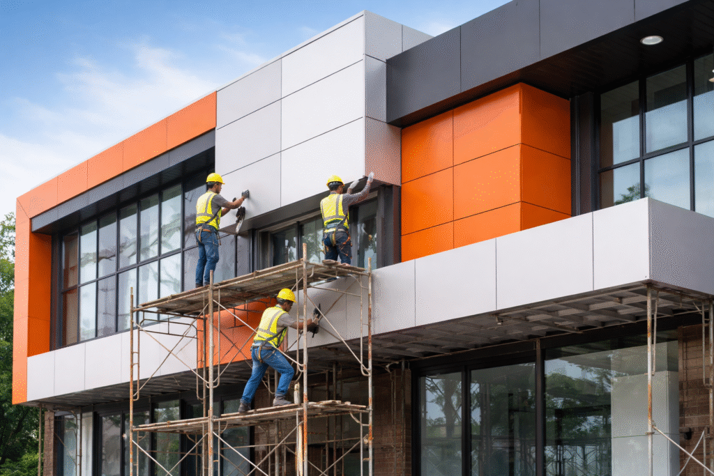 Pemasangan panel ACP pada fasad gedung perkantoran modern oleh tenaga ahli profesional.
