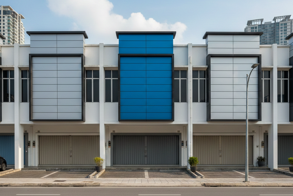 Fasad ruko modern menggunakan material aluminium composite panel biru dan perak