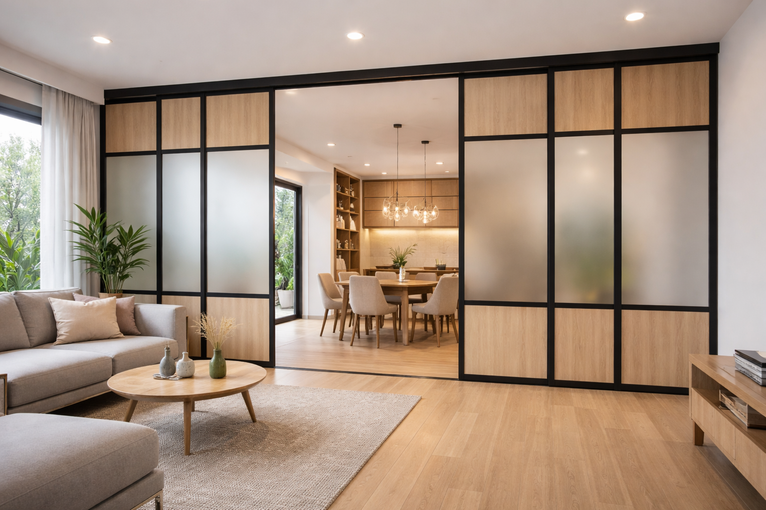 Pintu partisi aluminium modern dengan desain minimalis membagi ruangan rumah terlihat rapi dan elegan