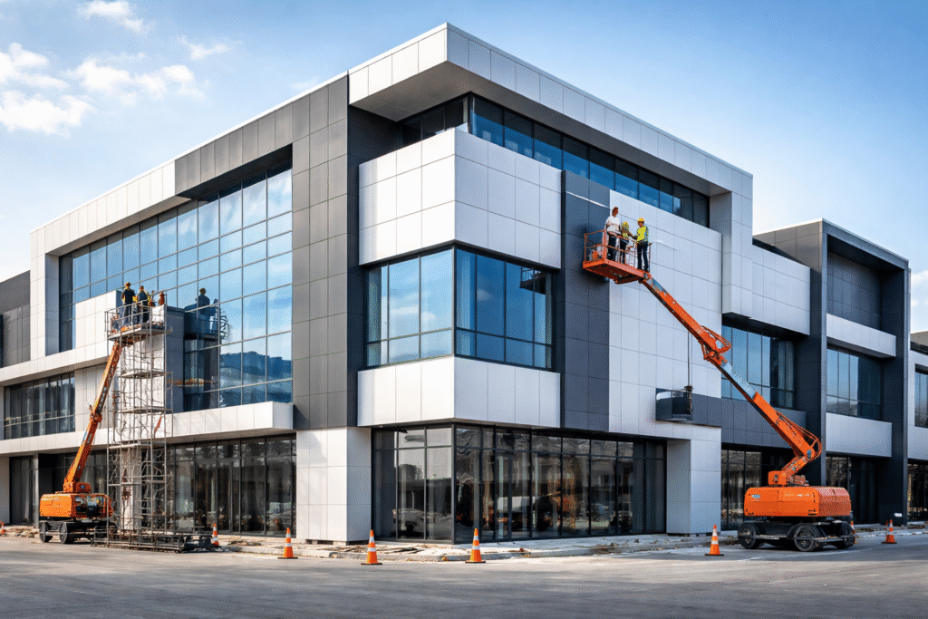 Pemasangan ACP profesional pada fasad bangunan modern dengan hasil rapi dan desain elegan