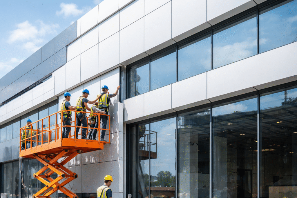 Pekerja kontraktor jasa pasang ACP sedang memasang aluminium composite panel pada fasad bangunan modern