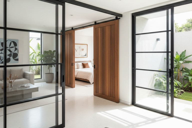 Model pintu aluminium geser minimalis warna hitam untuk pembatas taman belakang yang elegan.