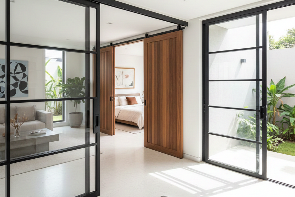 Pintu sliding aluminium minimalis modern warna hitam untuk sekat ruang tamu.