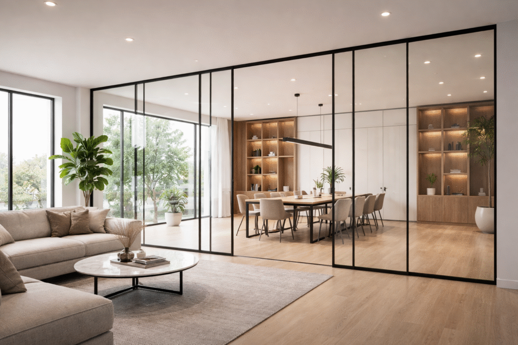 Pemasangan jendela kaca partisi modern di dalam ruangan dengan desain rapi, pencahayaan alami, dan tampilan profesional.