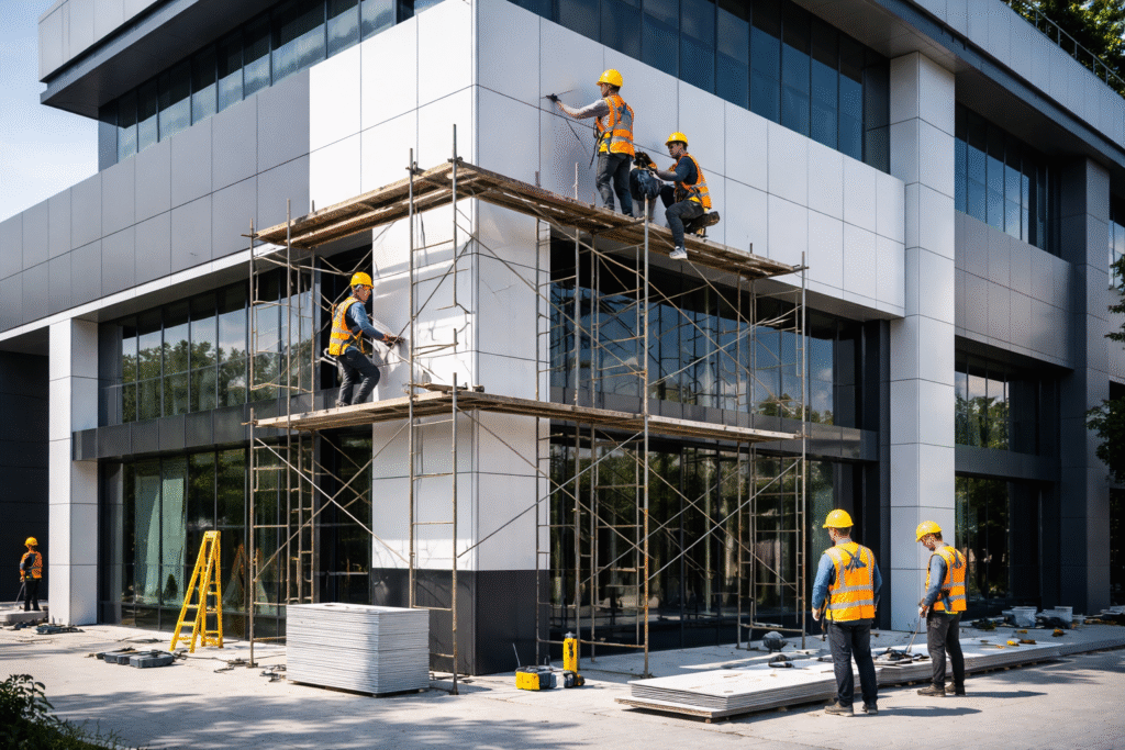 Pemasangan ACP pada fasad bangunan modern oleh vendor jasa pasang ACP profesional dengan hasil rapi dan presisi.