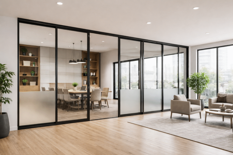 Pintu sliding aluminium minimalis modern warna hitam untuk ruang tamu di rumah Cikarang.