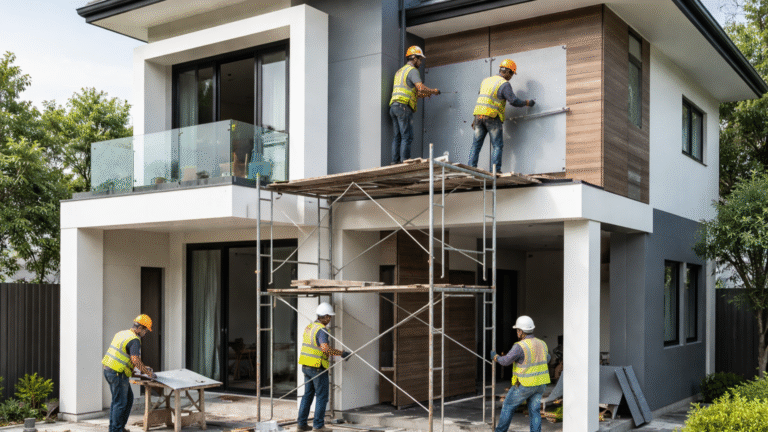Pemasangan ACP modern pada fasad rumah minimalis dengan desain elegan rapi dan tampilan profesional