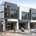 Pemasangan fasad ACP gedung ruko modern di Bekasi dengan desain aluminium composite panel elegan dan minimalis