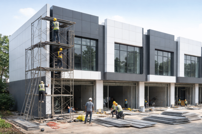 Pemasangan fasad ACP gedung ruko modern di Bekasi dengan desain aluminium composite panel elegan dan minimalis