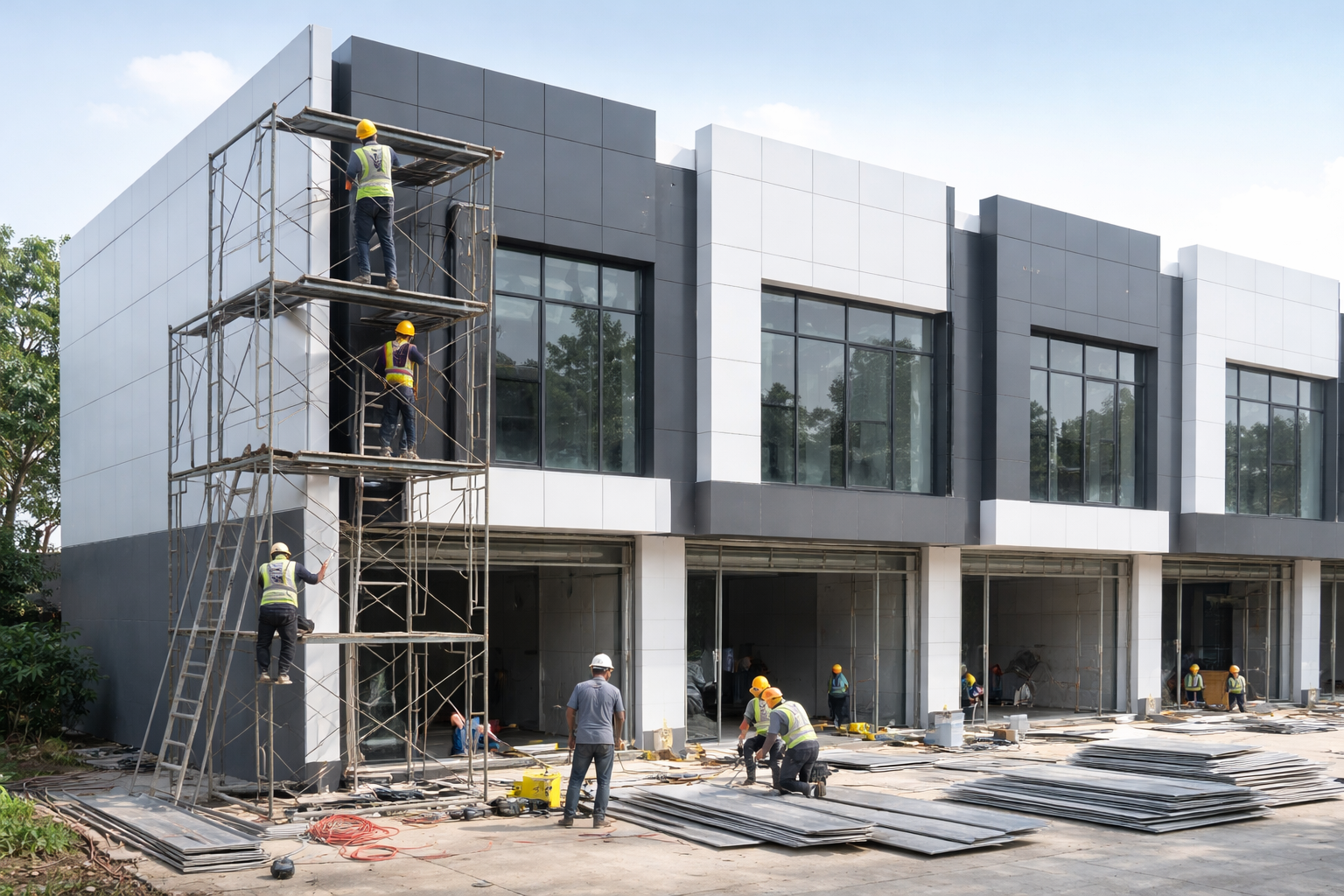 Pemasangan fasad ACP gedung ruko modern di Bekasi dengan desain aluminium composite panel elegan dan minimalis