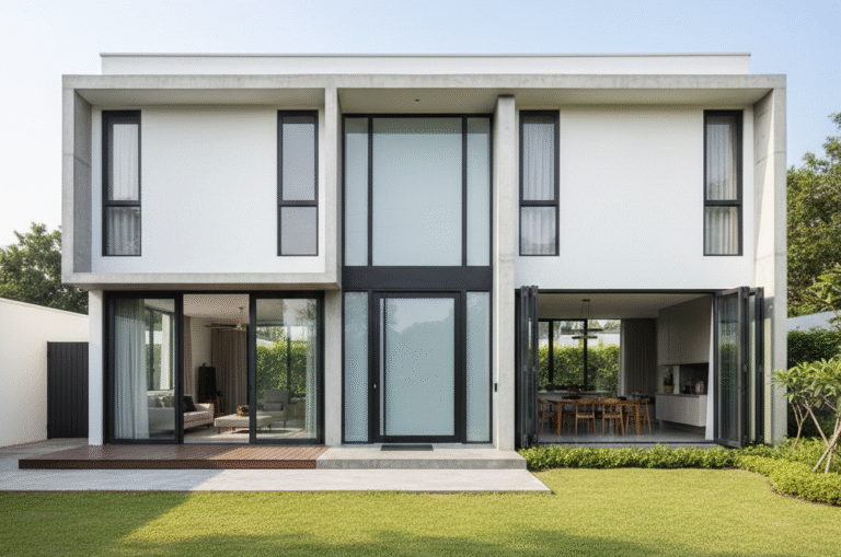 Pintu kaca aluminium modern dengan rangka aluminium kuat dan kaca bening untuk rumah dan bangunan komersial di Cibitung